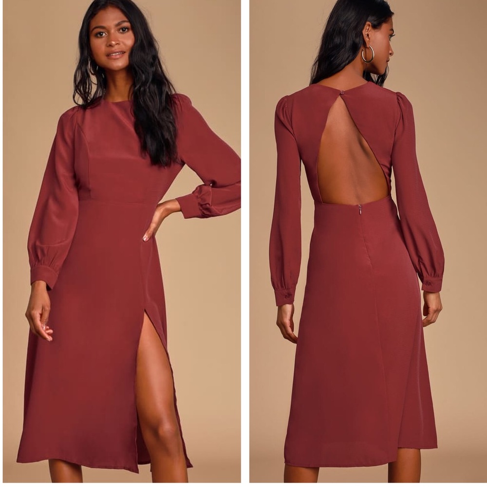 Alemenda Burgundy Backless Long Sleeve Midi Dress